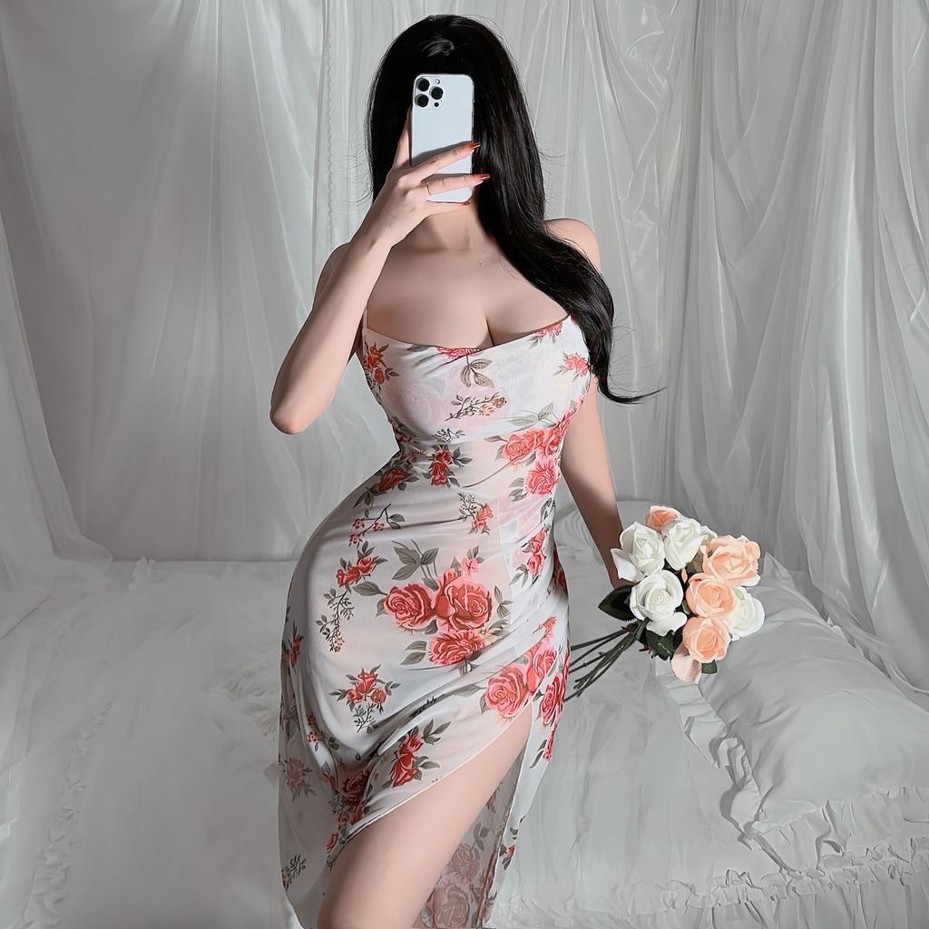 Vintage Floral Tube Top Nightgown Slim Fit High Slit Sexy Long Print Loungewear Dress 633 Romantic Flattering Sleepwear with Timeless Floral Patterns