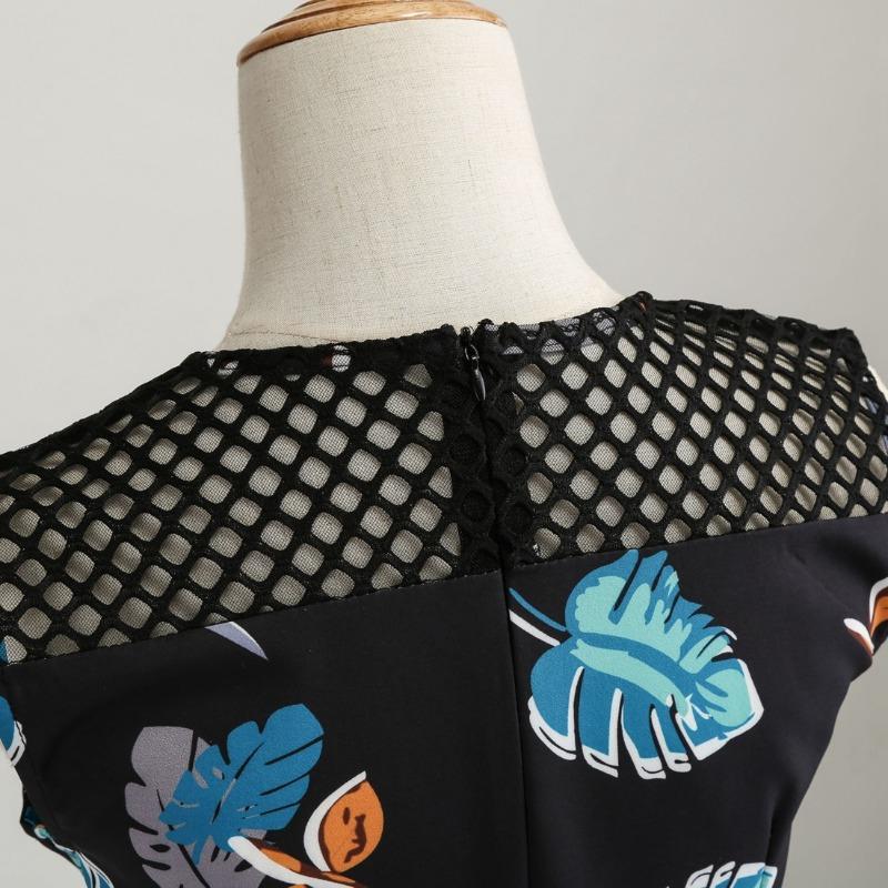 Eaby's New Retro Sleeveless Hollowed-out Gauze Leaf Printing Big Pendulum Dress