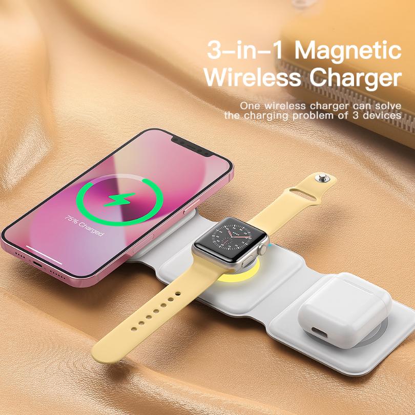 Essager Magnetic 15W Qi Wireless Charger Foldable Charger Stand for IPhone 14 13 12/Airpod /iWatch 7 6 Fast Charging