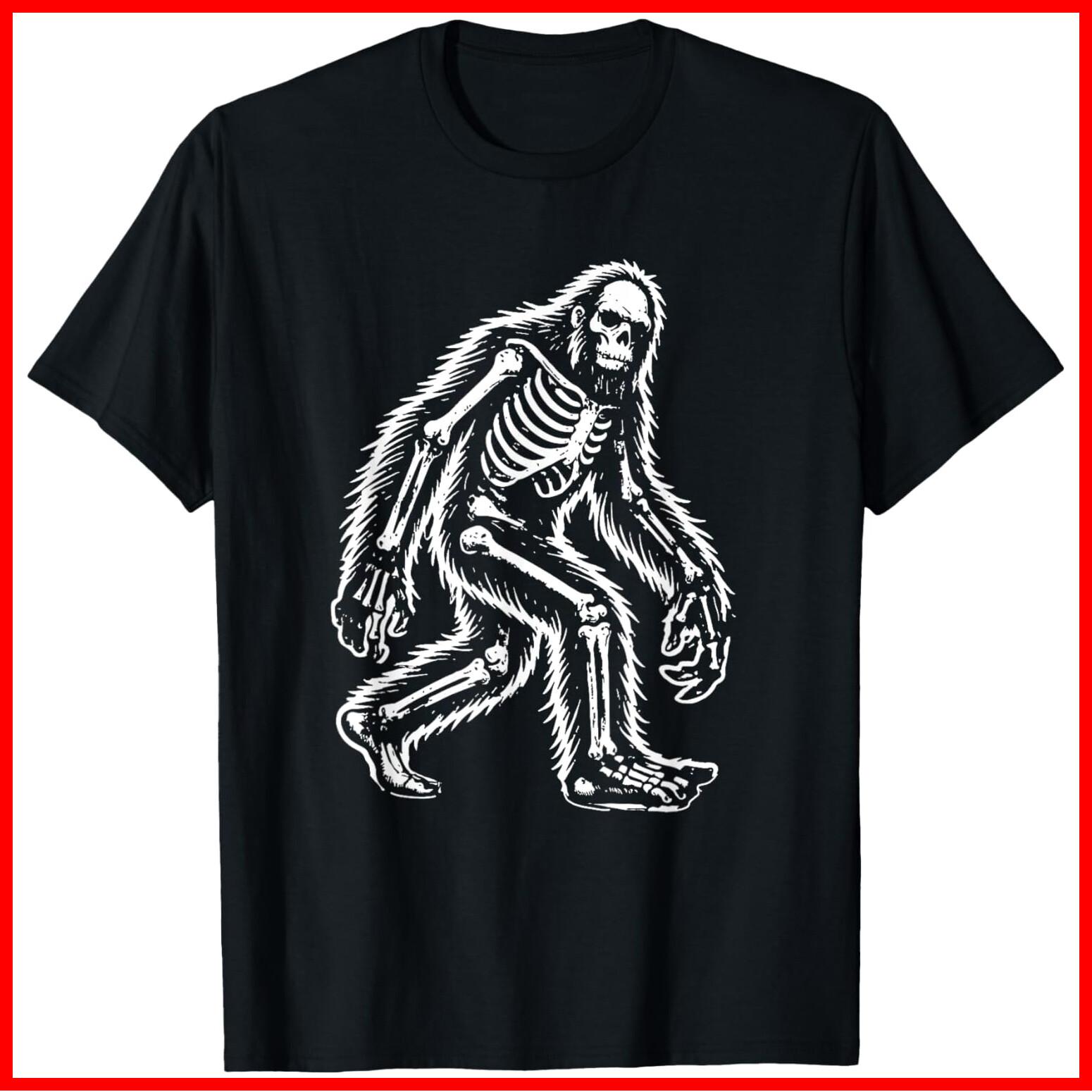 Funny Bigfoot Sasquatch Halloween Skeleton Black Cotton T-Shirt S-5XL XXXL