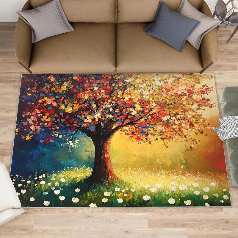 Oil Painting Style Tree Print Carpet Dreamy Colorful Leaves Art Absorbent Non-Slip Floor Mat Living Room Bedroom Home Decor Rug