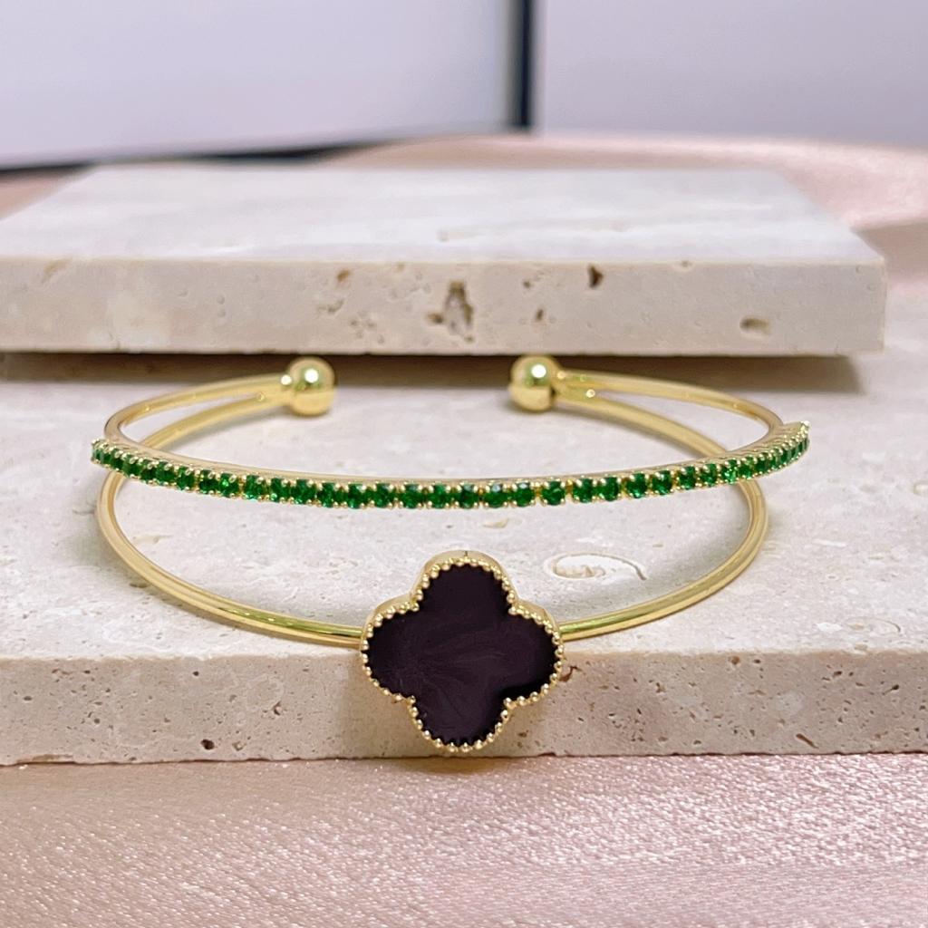 Brățară Premium Trifoi cu Patru Foi Zirconiu Strat Dublu Brățară cu Deschidere Ajustabilă Lux Non-Alergenic Brățară de Damă