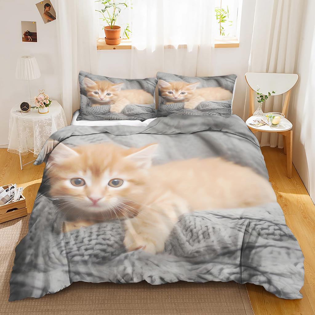 Cat, Animal Bedding Set black Anime 100% Polyester Duvet Cover Set Printed Cartoon Home Decor