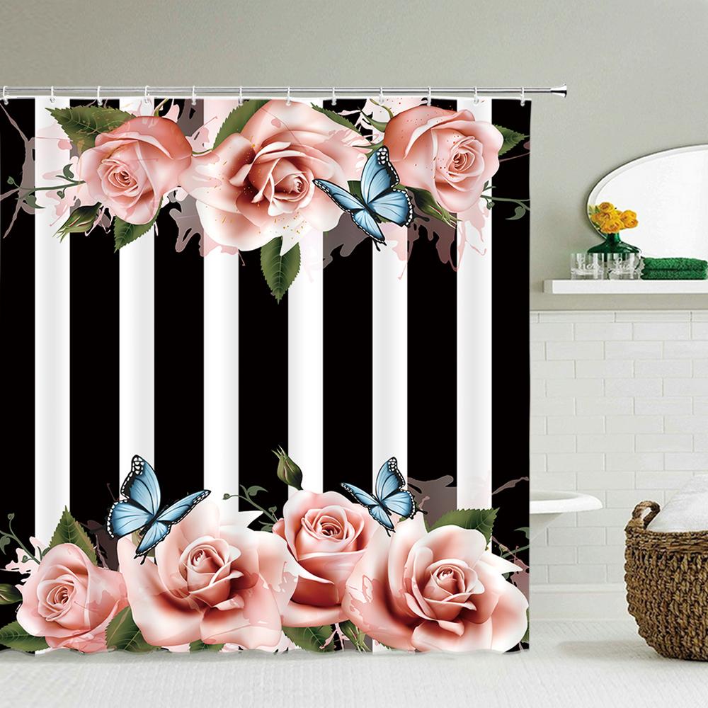 Black White Stripes Flowers Butterfly Pattern Shower Curtain 3D Bath Screen Waterproof Fabric Bathroom Decor Shower Curtains