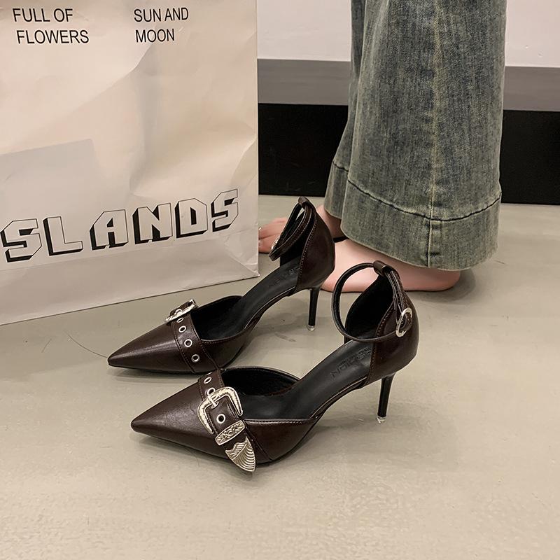 Metal Belt Buckle Pointed French High Heels Women's 2025 Spring and Summer New Niche Temperament One-word Bag Head Single Shoes