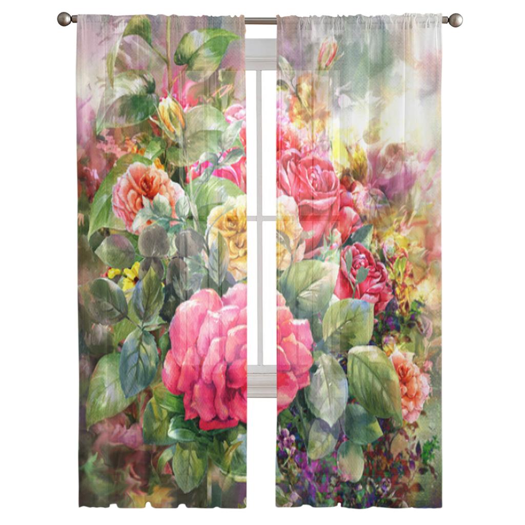 Bouquet Of Rose Watercolor Painting Style Tulle Curtains For Living Room Bedroom Christmas Chiffon Sheer Voile Kitchen Curtain