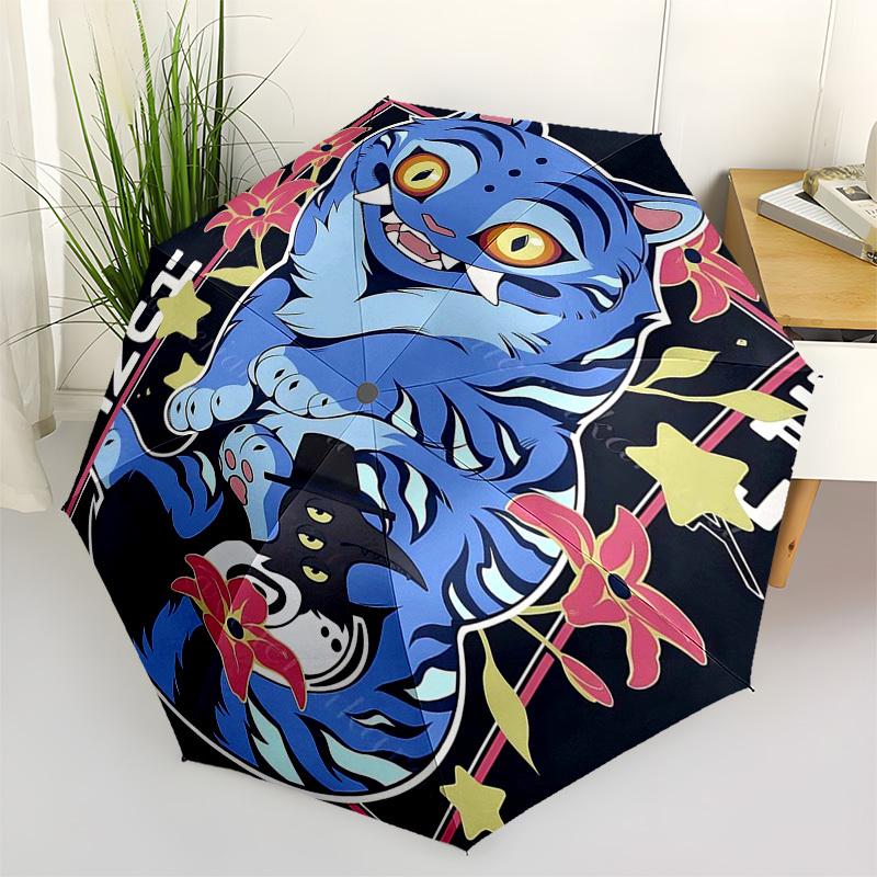 

1pc Outdoor Umbrella with Blue Tiger and Plague Doctor Design - Automatic Opening/Closing, Portable 3-Fold Design, 8-Rib Iron Frame, Perfect Gift