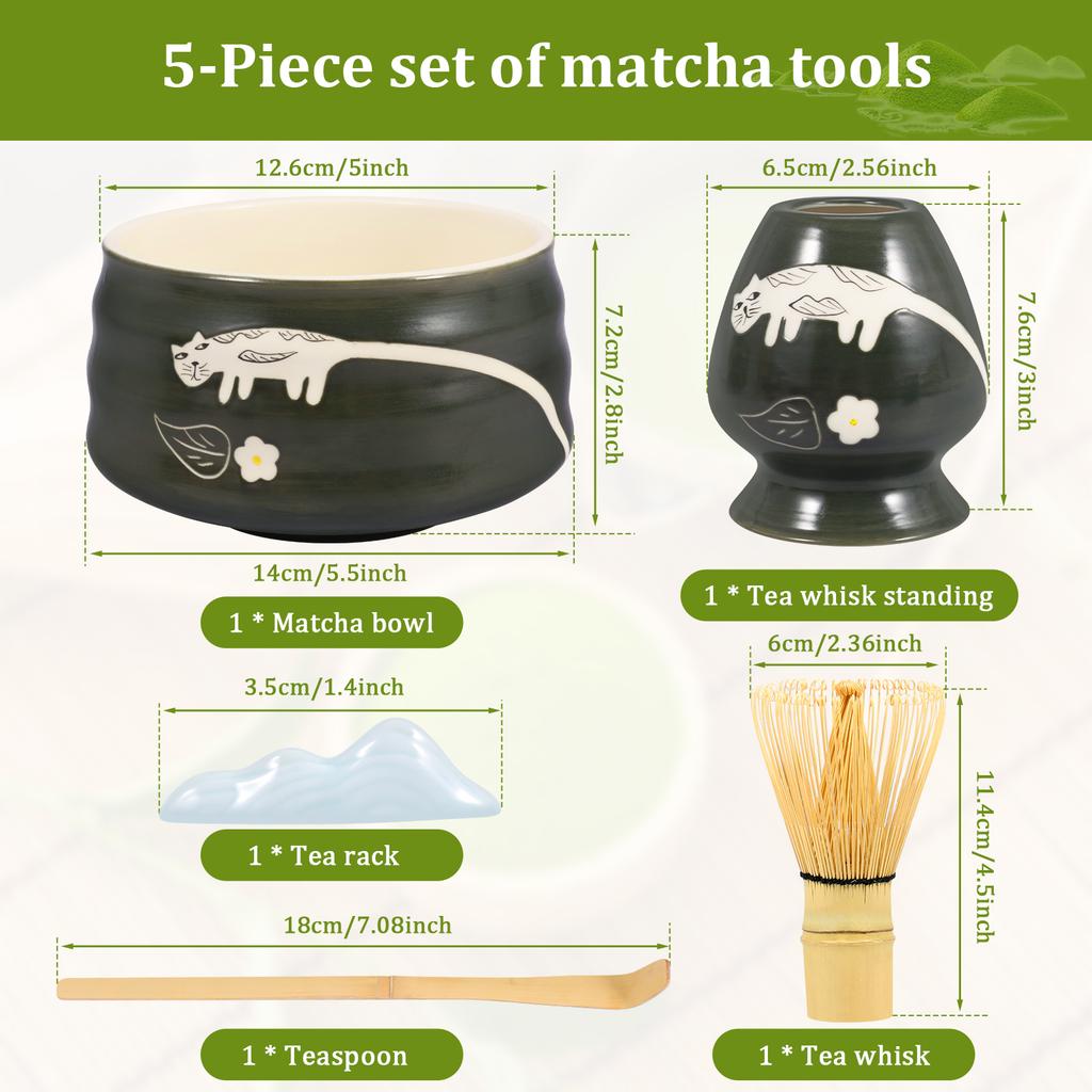 Japanese-style Matcha Making Tool Kit with Ceramic Bowl Whisk/Scoop Holder Bamboo Whisk and Scoop Teaset Giftbox for Tea Lovers