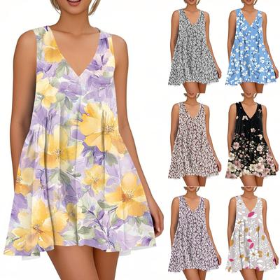 Damen Frühling Sommer Casual V-Ausschnitt Blumenmuster Ärmelloses Kleid