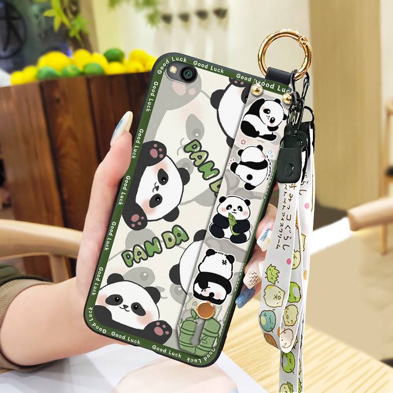 Durable Panda Phone Case For Xiaomi Redmi GO Anti-dust Cute Anti-knock Protective Lanyard Wristband Cartoon Phone Holder