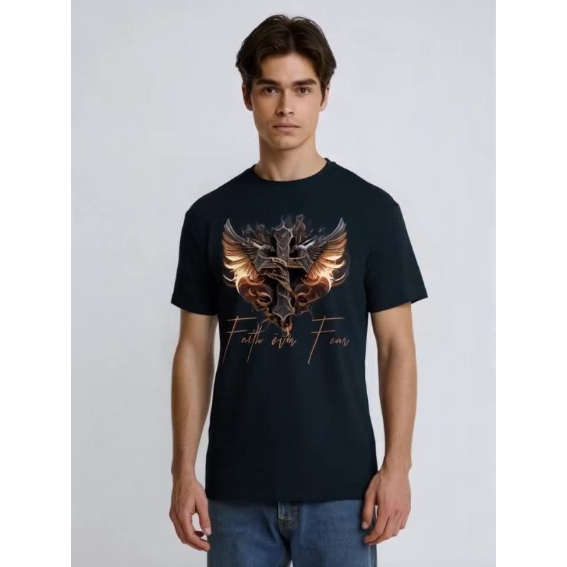 

European sizes Over Fear Back Print T-Shirt - Motorcycle Apparel with Angel Wing & Cross, Casual Round Neck Tee for Biker Enthusiasts & Faith Wear 4XL чорний