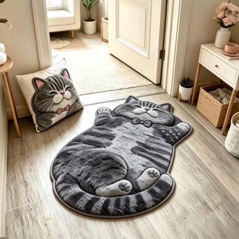 Cute Cartoon Lazy Cat-Shaped Rug Fun Creative Home Decor For Bedroom Beside Floor Mat Entrance Bathroom Washable Soft Carpet