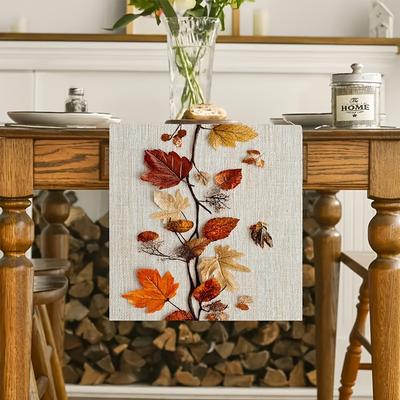 1 Autumn Fallen Leaf Themed Table Runner, Natural Dried Leaves And Vine Collage Design, Suitable For Autumn Family Gatherings, Pastoral Cafe Decoratio