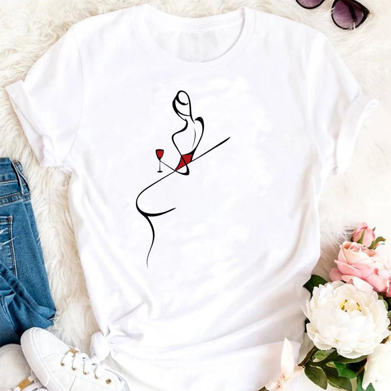 Womens Fashion Wine Glass Print Trendy Womens Base Layer Halfsleeved Womens Wear Shortsleeved Women Tshirt for Summer