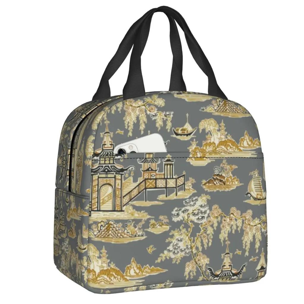 Porcelain Blue Oriental Bird Pattern Insulated Lunch Bag for Camping Travel Chinoiserie Thermal Cooler Lunch Box Women Kids