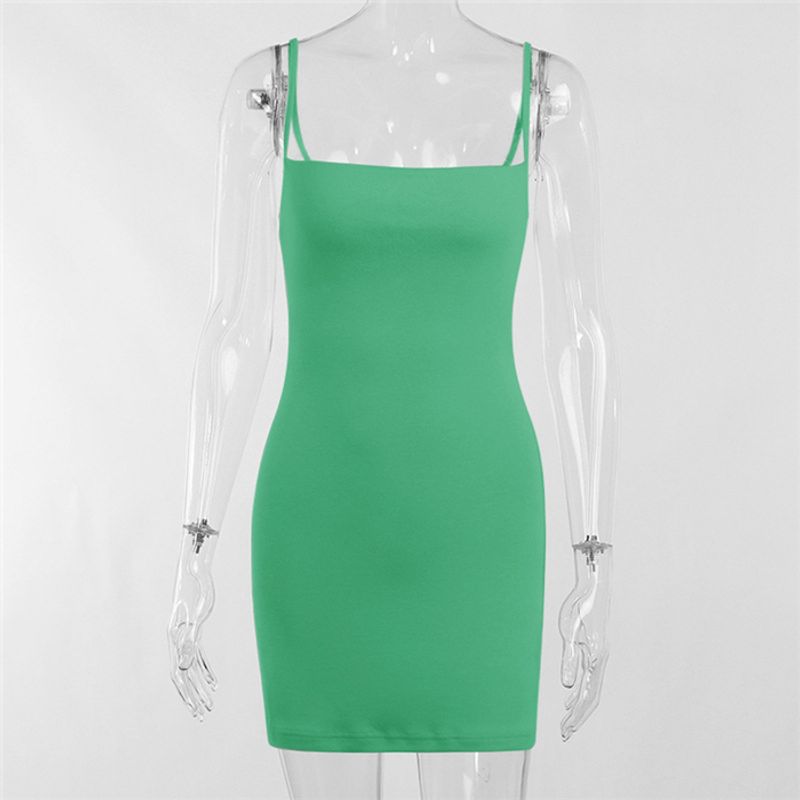 

Fashion Slim-Fit Solid Color Sling Dress Green S