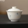 Matte White Hand-painted Autumn Orchid Ceramic Covered Bowl Teacup White Porcelain Gaiwan with Lid