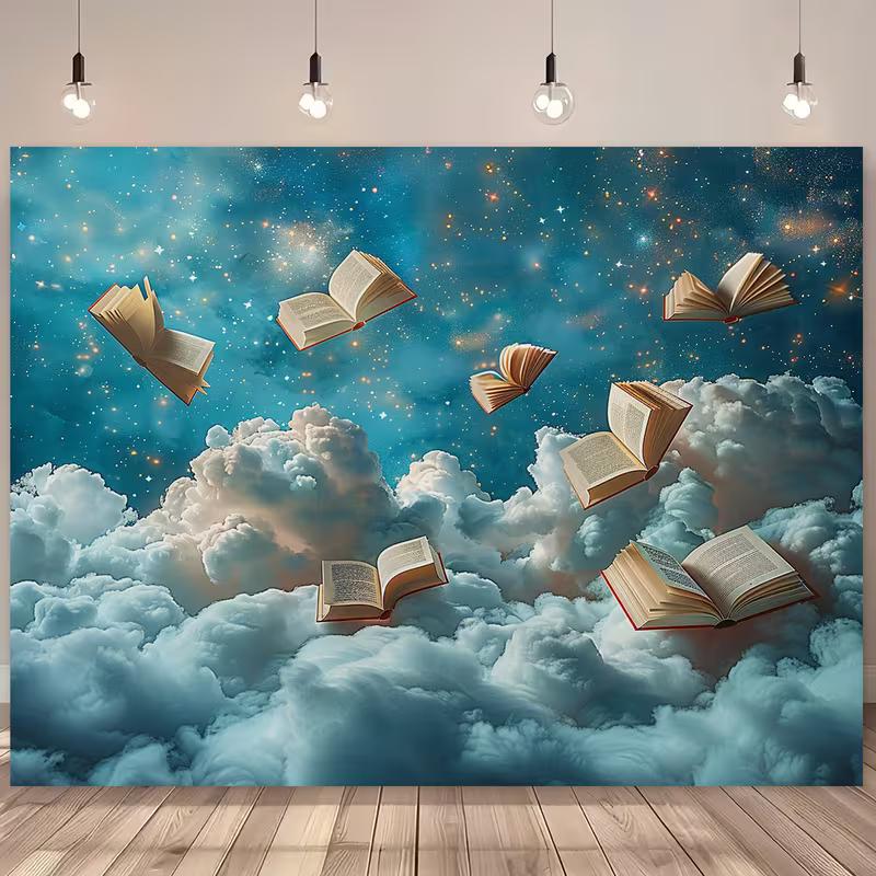 Whimsical Storybook Tapestry, Magical Books Flying Over Clouds in the Galaxy 47.2x31.5inch/120*80cm