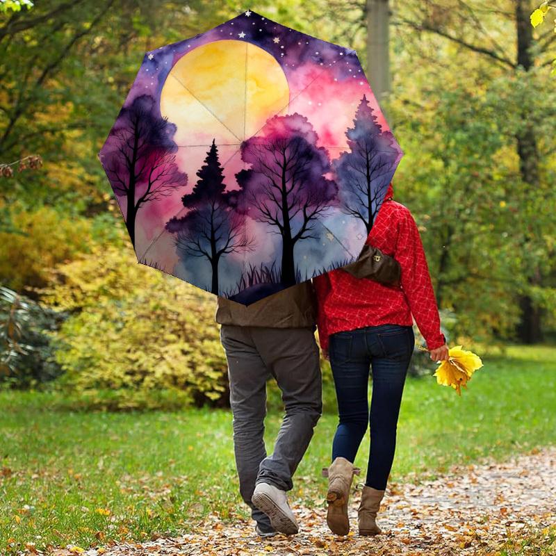 1pc Moonlit Forest Automatic Folding Umbrella, Heavy Duty 8 Rib Iron Frame,  Suitable for Travel, Daily Use, Birthday, Decor Gift m0105122