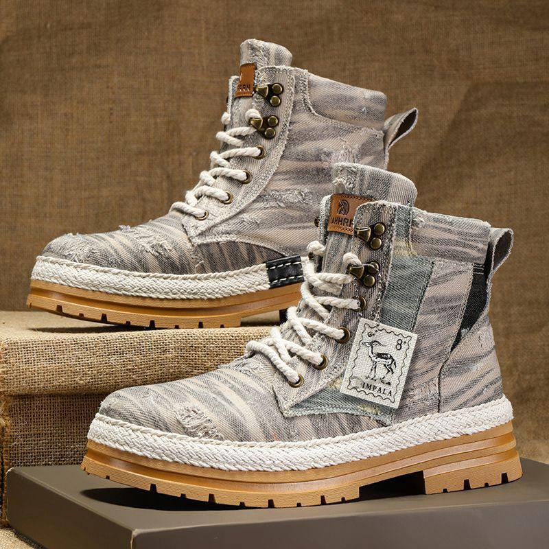 Comfortable Men s Original Fashion Hand Woven Distressed Denim High Top Black Work Boots 2026 Spring Autumn New Arrival 39