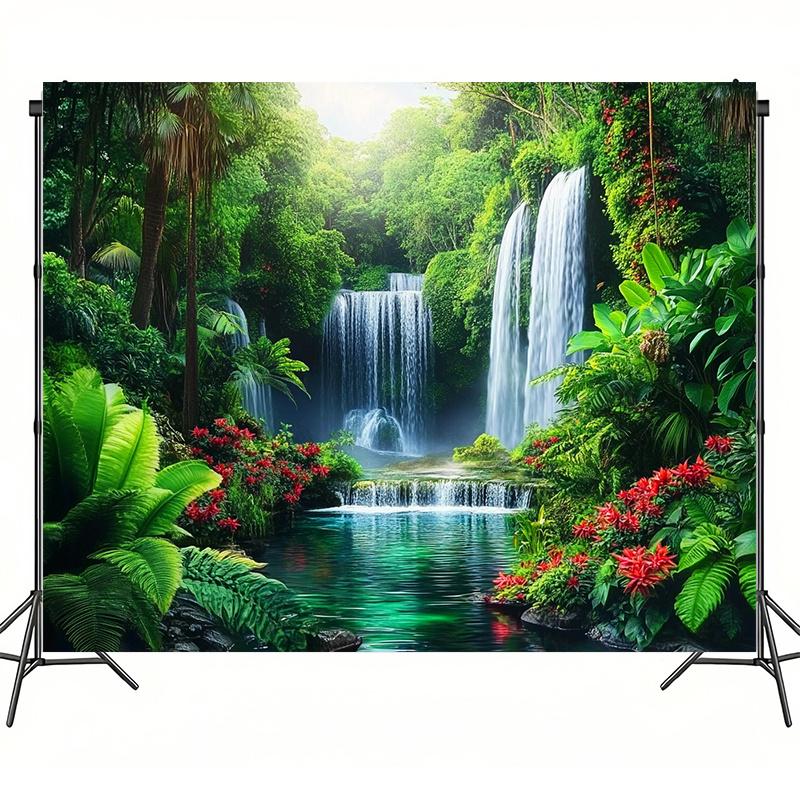1 Tropical Waterfall and Floral Landscape Wall Hanging - Vibrant natural scene with lush greens reds