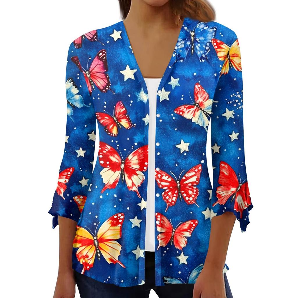 Women's Loose Casual Independence Day Printed Seven Sleeve Button Down Shirt Cardigan Top