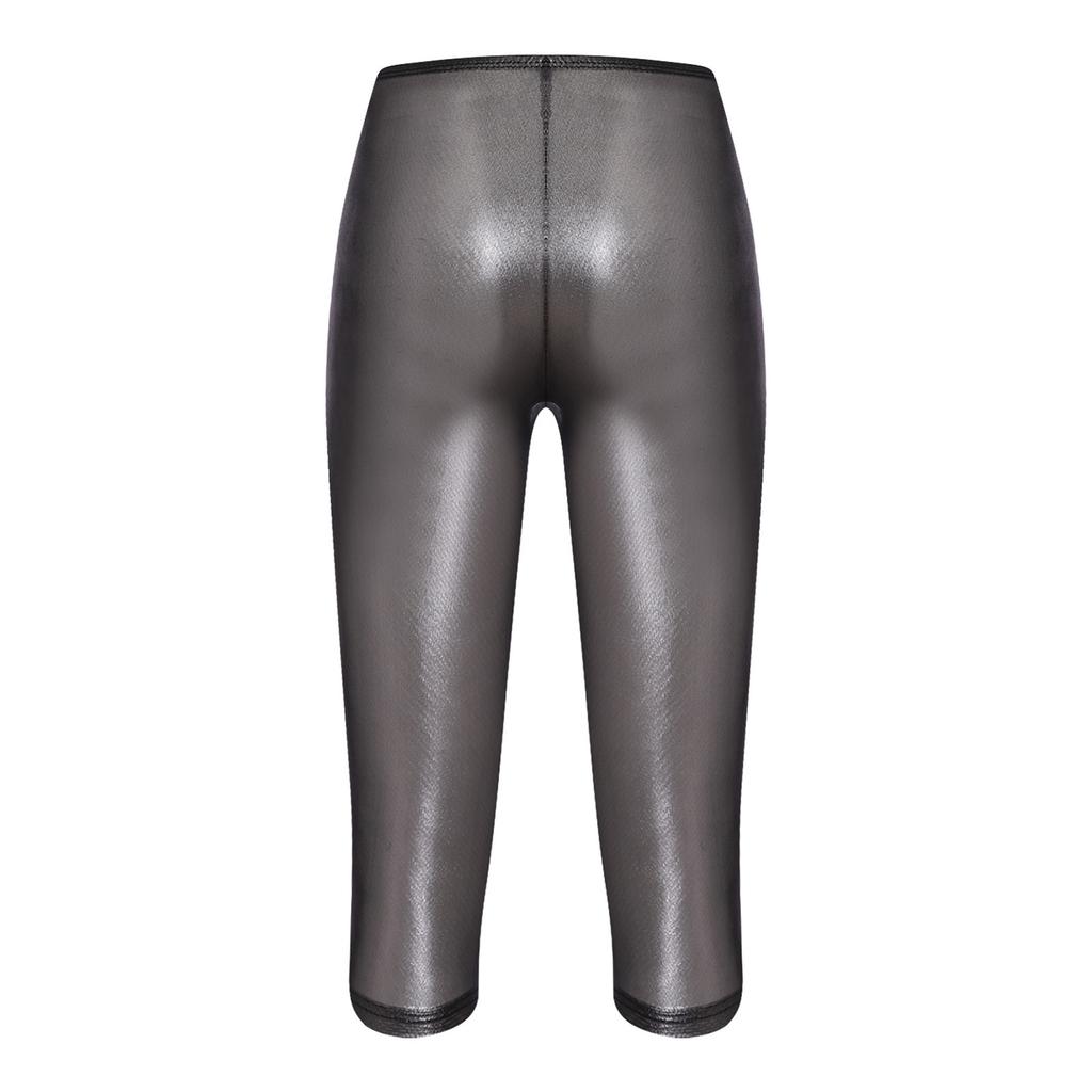 Womens Metallic Shiny Semi Transparent Capri Pants Elastic High Waist Tights Cover Up Pants