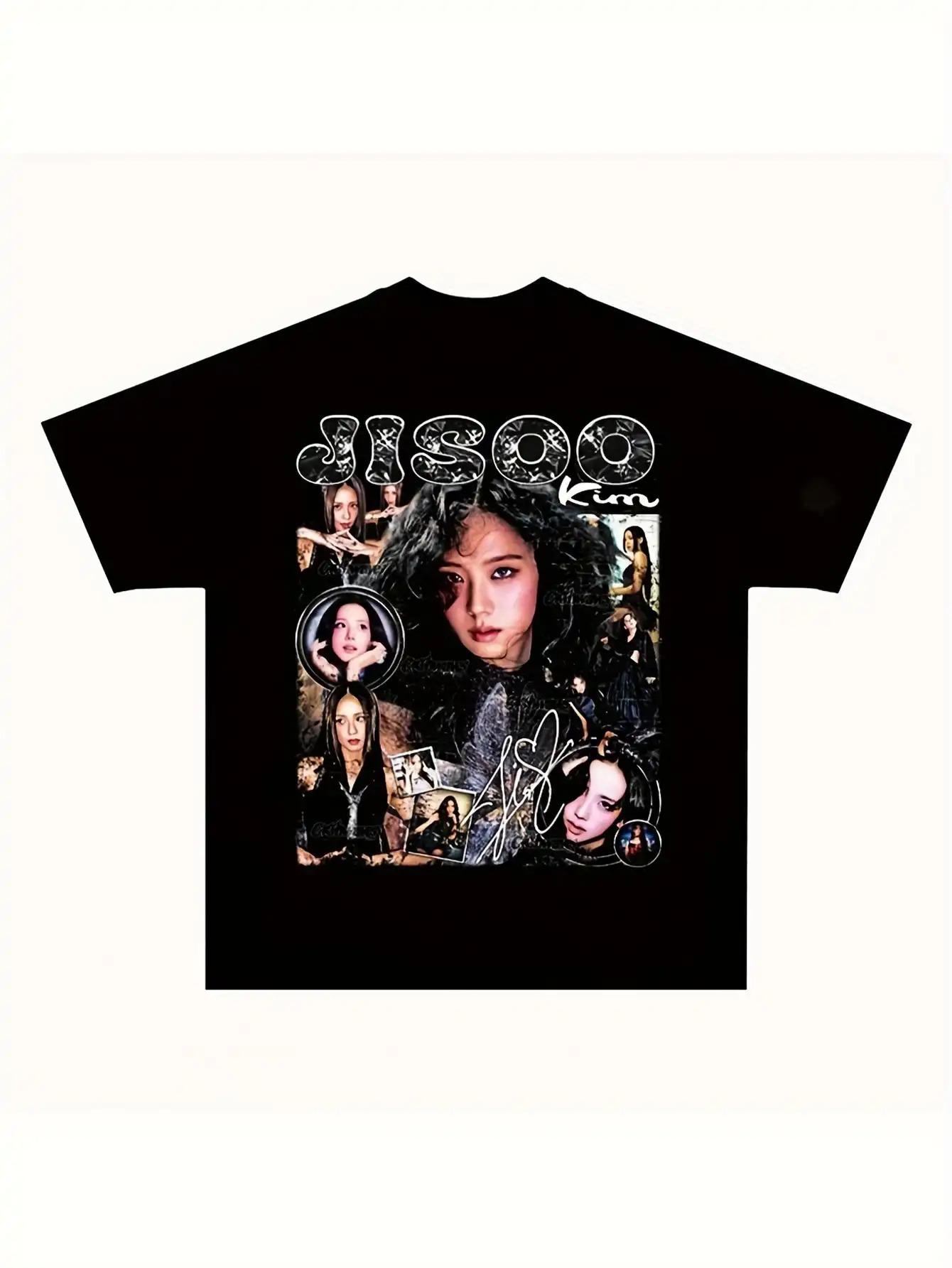Jisoo Kim (Kim Chopkop) K-Pop T-Shirt - Black ISCBO Idol Portrait Collage Tee Featuring Korean Signature Name & Iconic Images S