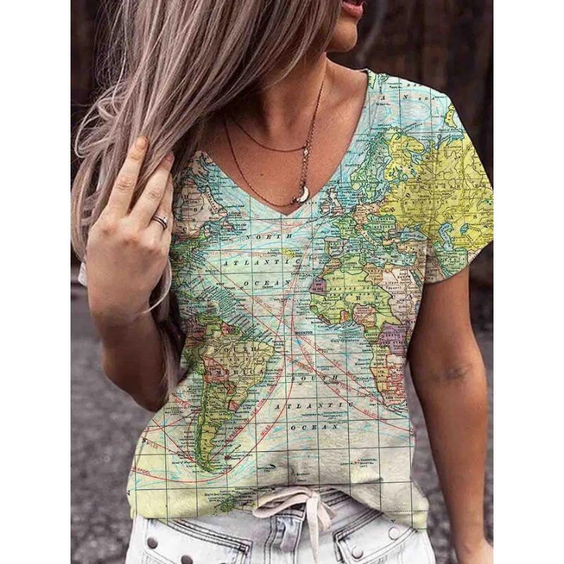 

Женская новинка 2025 года, летняя свободная футболка с короткими рукавами и V-образным вырезом с принтом Map&American 3D 5XL