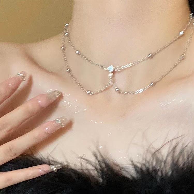 Romantic Bilayer Asterism Pendant Necklace for Women Sparkling Rhinestones Star Heart Bead Choker Y2K Accessories Fine Jewelry