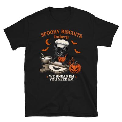 Spooky Biscuits Bakery Funny Black Cat Halloween Pumpkin T-Shirt and Kids Tshirt