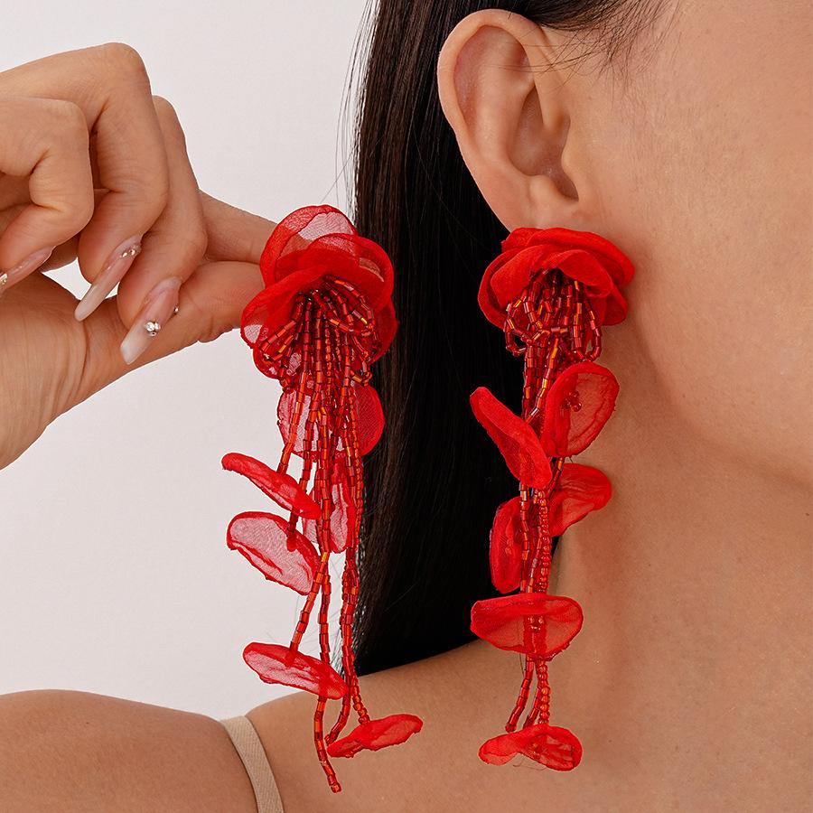 Holiday style hand-woven lace flower fringed silver needle earrings summer sweet premium earrings