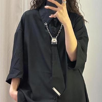 Street Style Tie Short-sleeved Shirt Women Summer Retro Baggy Cardigan Tops Black Vintage Harajuku Clothing Plus Size