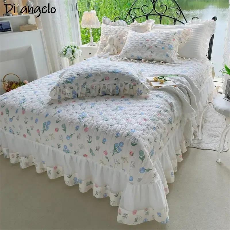 European Style Cotton Floral Wrap Around Ruffle Lace Bed Skirt Sheet Pillowcase Thickened Bed Cover Cotton Quilted Bedspread #/