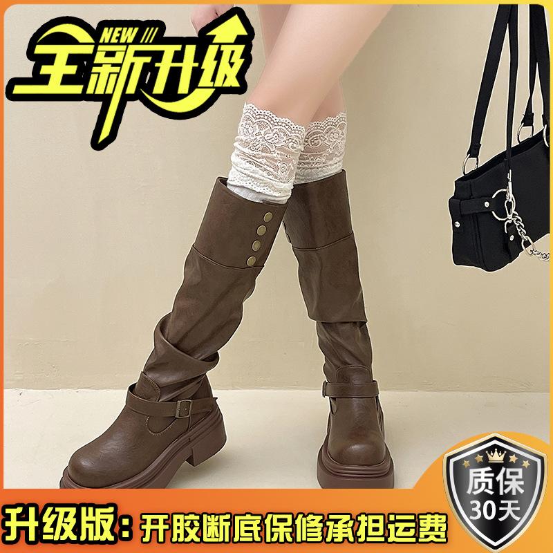 Retro Casual Belt Buckle Back Zipper Fashion Boots 2025 Autumn and Winter New Thick-soled Small Tall Knight Boots Tide