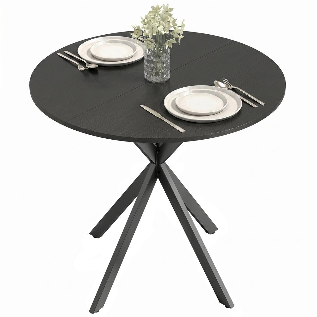 Round Dining Table for 2 People with Wood-Look Top and Crossed Steel Base, Black