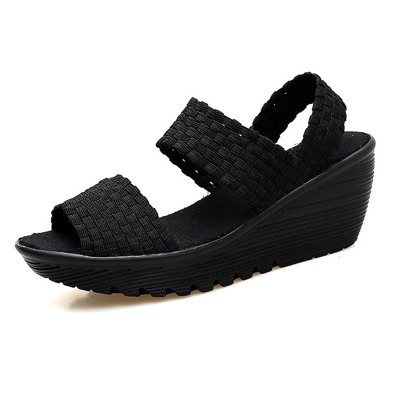 Damen-Sandalen mit gewebtem Elastikband - Frühling/Sommer 2020, Rutschfeste flache Schuhe mit niedrigem Keilabsatz, Komfort-Tanzschuhe