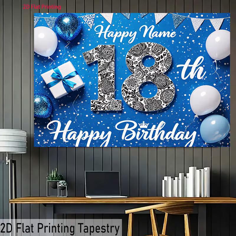2D Blue & White Balloon Happy 18th Birthday Photography Background Cloth
