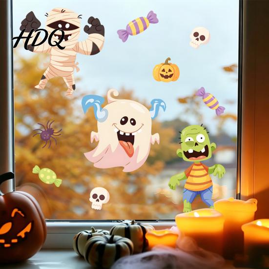 Reusable Static Cling Ornaments Halloween Window Clings Cartoon Ghost Pumpkin Witch Monsters Decals Waterproof Seasonal Glass Surface Adhesives
