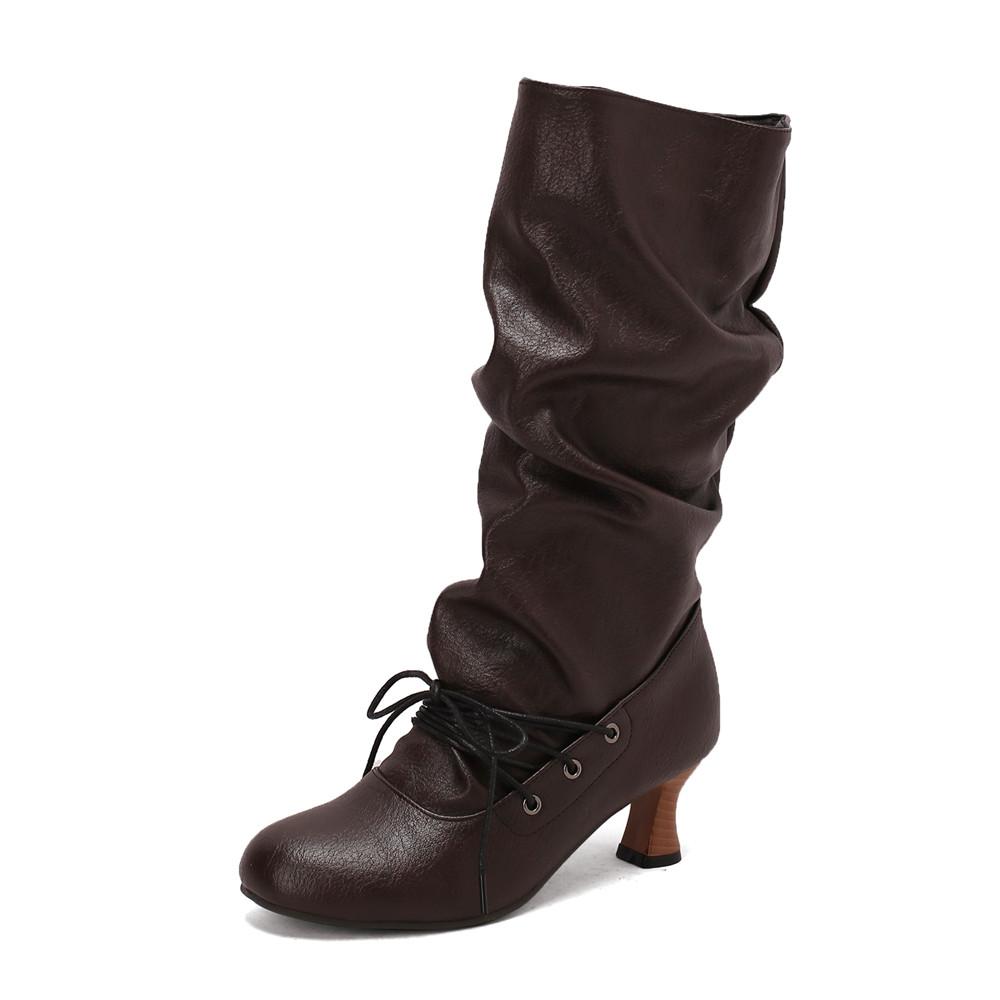 Women'S Autumn Winter Pleated Knee-High Boots Pointed Toe Stilettos Lace-Up High-Top Sexy Shoes For 34-50 Size Range