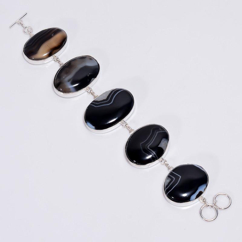 Dazzling Top Grade Qualite 100% Natural Black Botswana Agate Oval Shape Ethnic Handmade Jewelry 925 Steling Silver Bracelet 7-8" WSJ-4696