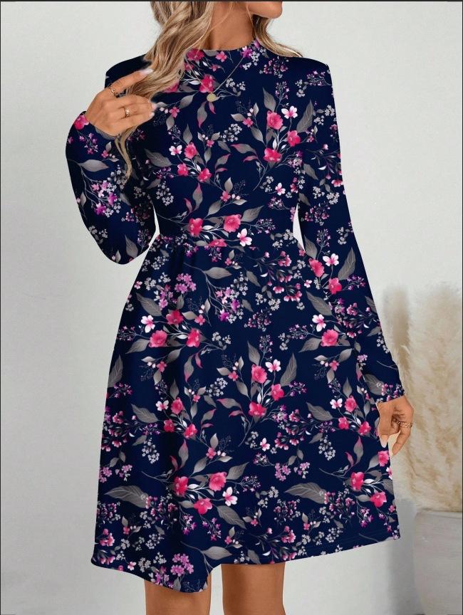 Autumn and winter new casual fashion floral printing long-sleeved stand-up collar dress women's clothing