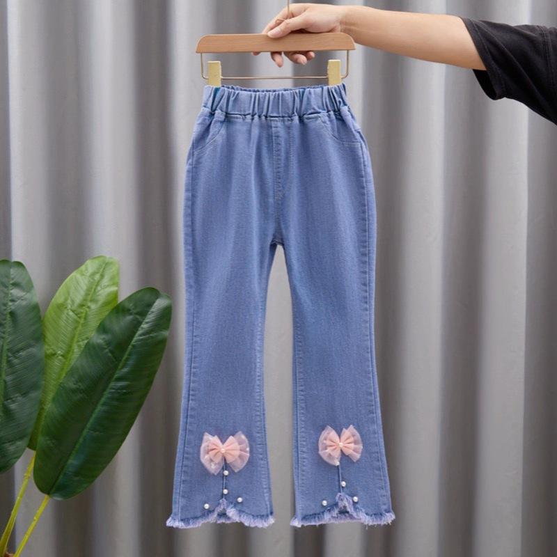Autumn Elastic Kids Jeans Girls Cute Leisure Bow Denim Blue Children Flared Pants Teenage Girl Clothes Trousers 3-12Y