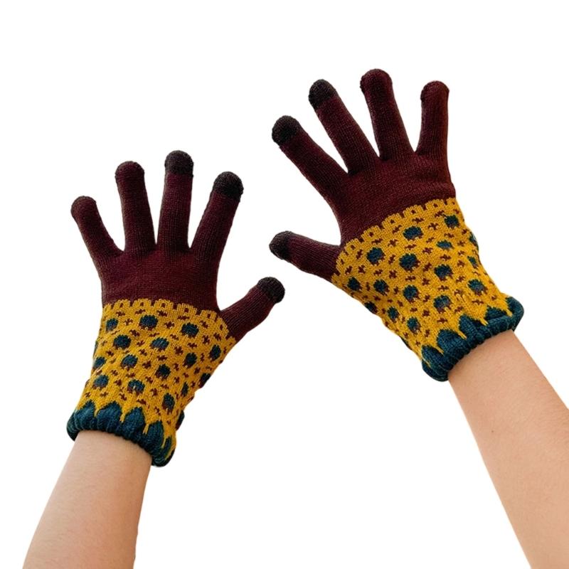 Flower Pattern Knitted Gloves For Women Girl Stylish Design Windproof Thick Warm Handwear for Cycling Skiing Daily Use