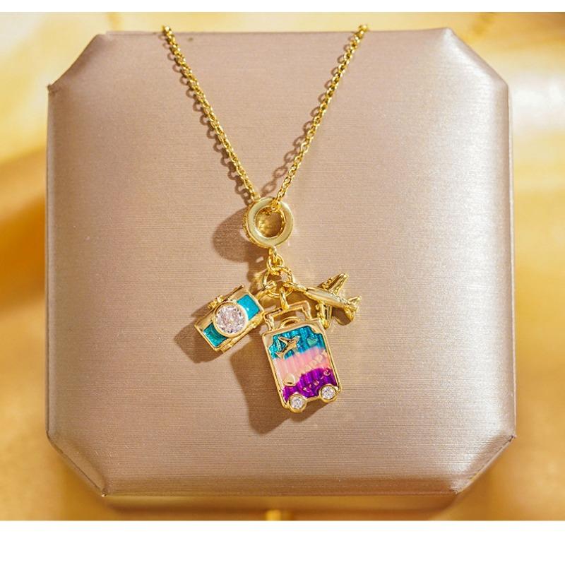 Womens Light Luxury Rainbow Drip Oil Airplane Travel Pendant Clavicle Necklace
