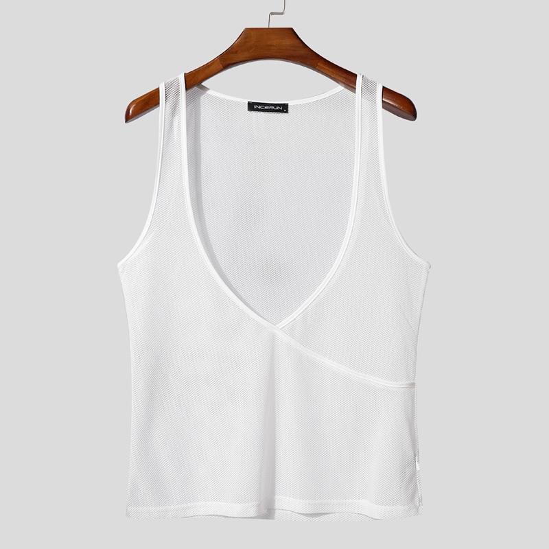 INCERUN Men Deep U Neck Sleeveless Mesh See Through Party Beach Tank Tops