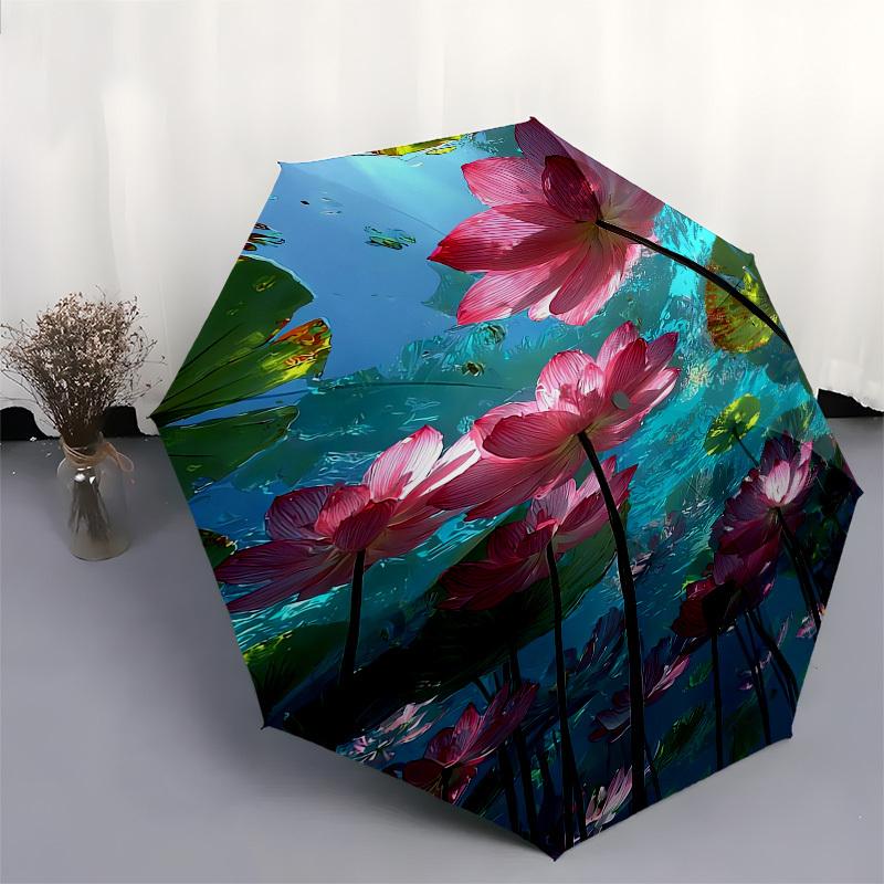 1pc Lotus Pond Reflection Umbrella with Plastic Handle,Suitable for All Seasons UmbrellaPT445