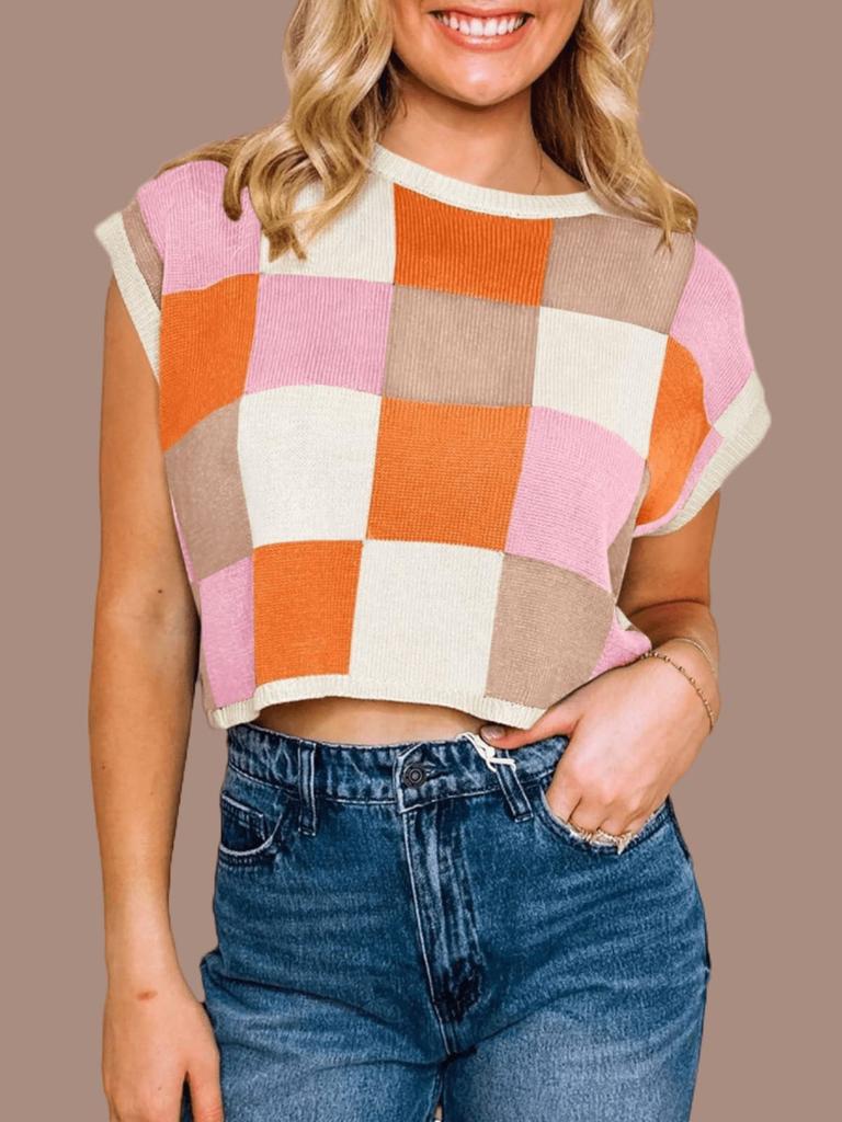 Women's Color Block Cropped Knit Top Cap Sleeve Crew Neck Summer Short Sweater