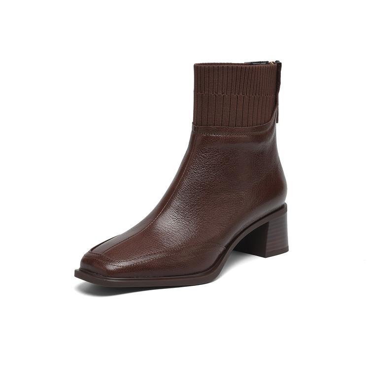 Fashion NEW Autumn Women Boots Square Toe Chunky Heel Shoes Genuine Leather Shoes for Women Knitted Fabric Modern Boots Soft Daily Shoes