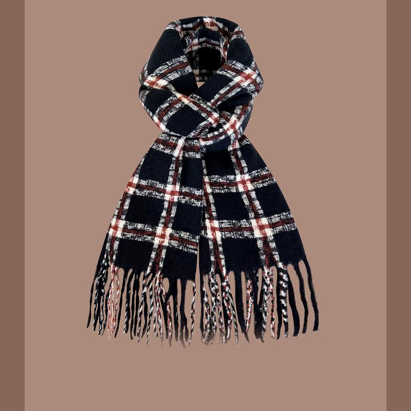 

Plaid scarf women s winter retro versatile thickened warm long shawl student dual-purpose scarf tide чёрный